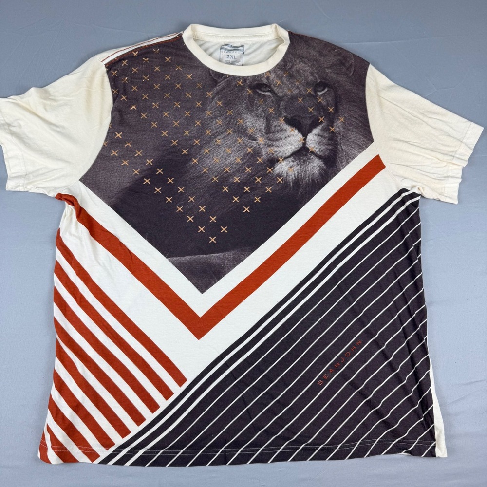 Sean John Graphic T Shirt Lion Print Cream Orange Black White Stripes Mens 2XL